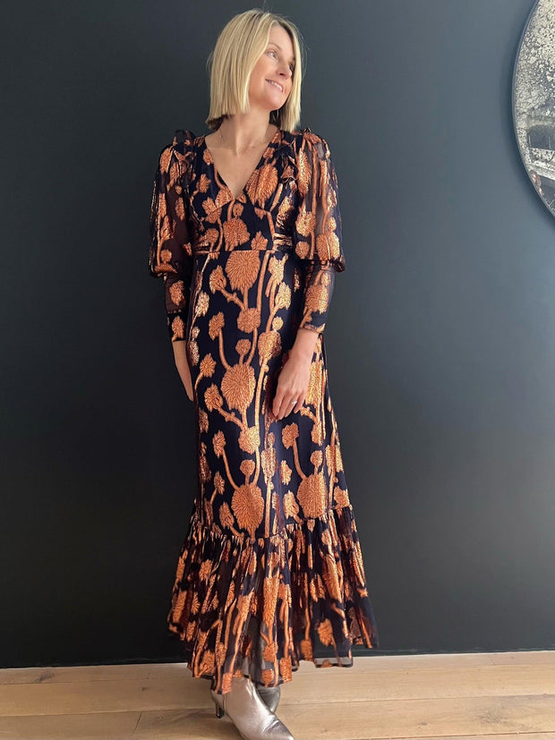 Stardust Prairie Maxi Dress in Midnight Blue and Bronze - Taylor Bell