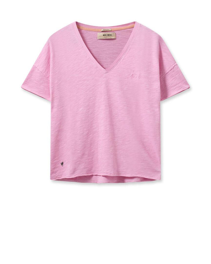 Mos Mosh Glory V Neck T-Shirt in Begonia Pink - Taylor Bell